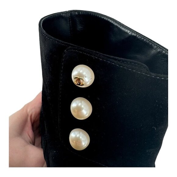 Chanel Suede Pearl CC Logo Patent Cap Toe Short Boots - Picture 9 of 16